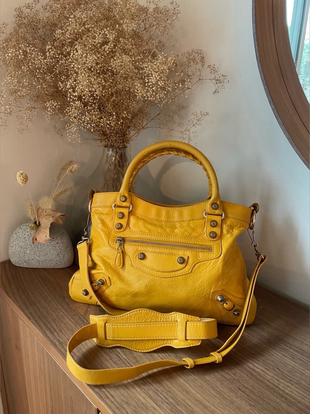 BALENCIAGA Giant City Leather Handbag / Crossbody Bag in Mustard Yellow RGHW